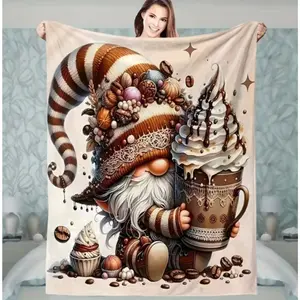 Soft Flannel Throw Blanket - Whimsical Gnome & Chocolate Dots Print, Cozy Tones, Beige/Brown, All-Season, Machine Washable, Indoor Use Bedspread for Sofa, Bed, Christmas/Fall Gnome Decor