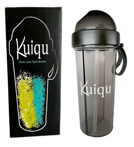 KUIQU Split Bottle -600ml, Two Drinks in One, Two Straws, Leak-Proof, for Cold and Room Temperature Drinks, Ideal for Hiking, Camping, Office and More