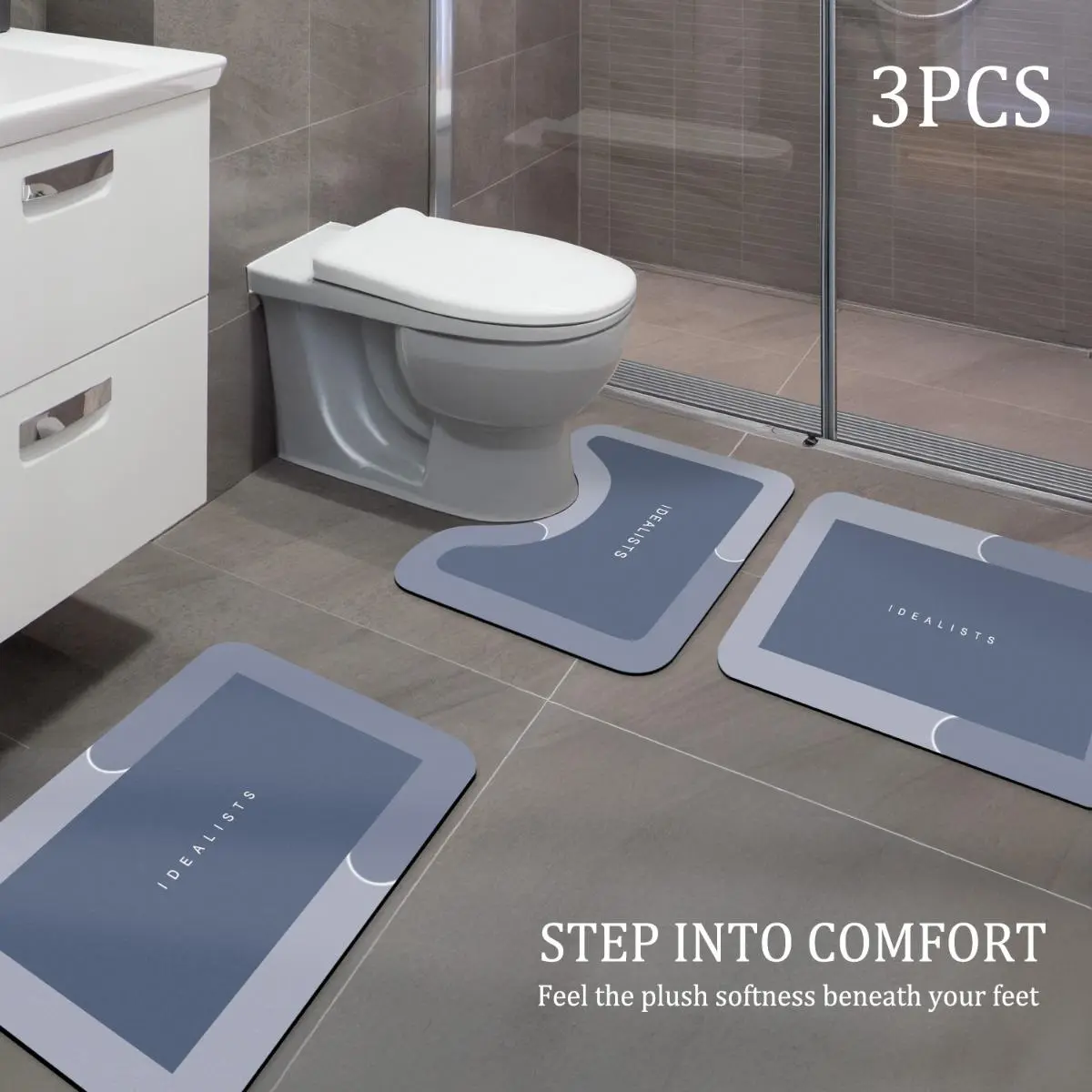 3PCS U-Shaped Light Luxury Diatomite Mud Bathroom Rugs Set, Rubber-Grip Safety Absorbent Bathroom Mats, Square Fade-Resistant Floor Drain Mat