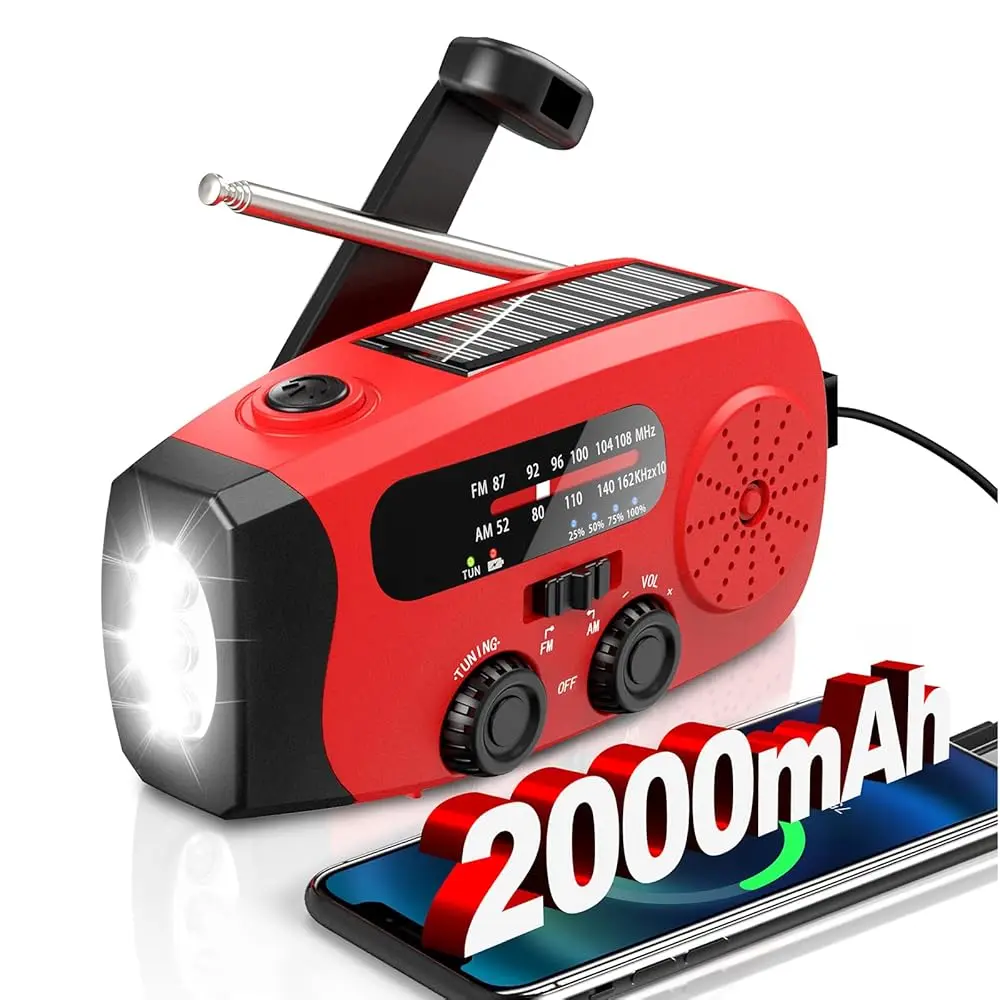 Portable Emergency Radio - 7400mWh Lightweight ABS Solar Rechargeable, Hand Crank, AM/FM/NOAA Stations, 3 Super Bright High Lumen Flashlights, SOS Alarm, for Outages, Camping Survival Gear