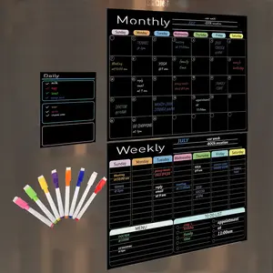 Magnetic Dry Erase Board Set of 3 - Black Monthly Weekly and Daily Planners with Markers for Refrigerator or Wall Use Perfect for Home Office Family Schedule Meal Plan Chores and Daily Organization