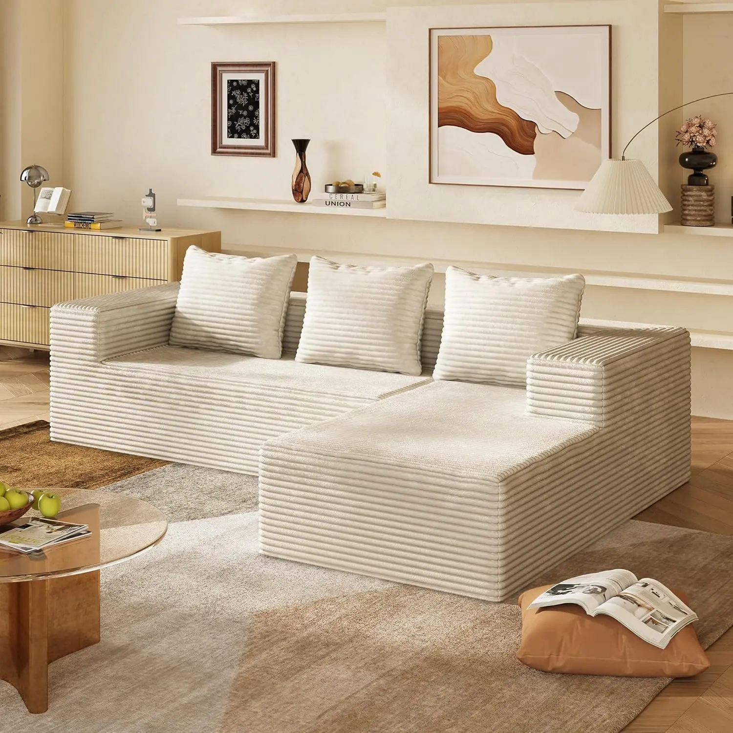 WLIVE 104'' L-Shaped Cloud Sectional Boneless Couch for Living Room, Left Chaise Modular Corduroy Sofa with Memory Foam Cushions, Beige, Ready-to-Use, Boneless Couches, Minimalist