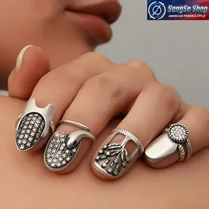 Bohemian Vintage 4-Piece Nail Ring Charm Set - Adjustable Open Design, 1 Size Fits Most, Retro Elegant Bag Accessory, Suitable for Daily Wear, Party Gifts