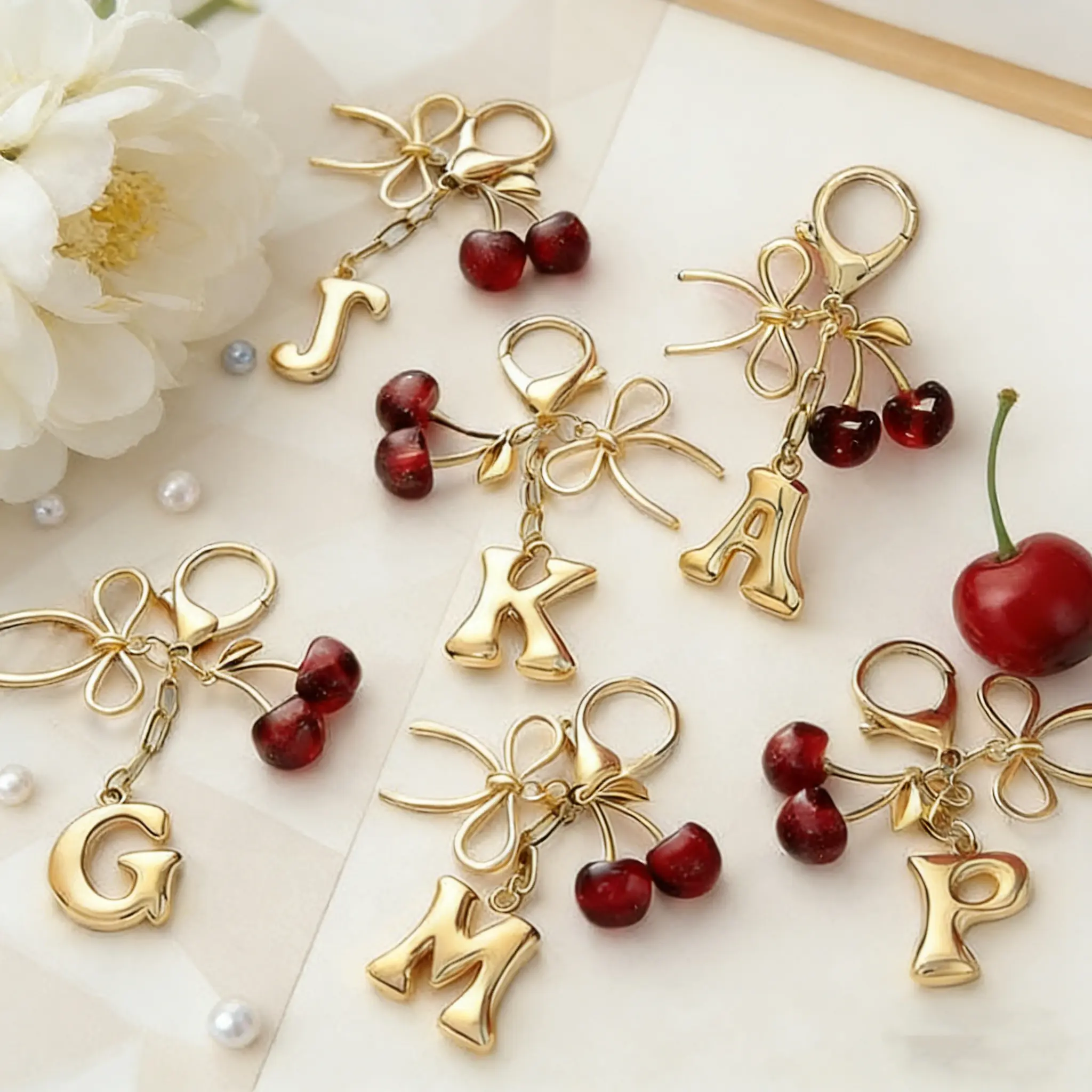 Cherry Bow Keychain Letter Pendant, Keychain Cherry Bag Charms Purse, Personalized Car Keyrings for Handbags, Bags, Backpacks, Wallet, Perfect as a Birthday Gift for Women and Girls