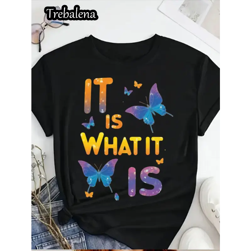 [ Cotton] Plus Size Women'S   T-Shirt - Colorful Butterfly Graphic & "It Is What It Is" Inspirational Quote, Casual Short Sleeve Round Neck Top For Spring Summer Fall, Mother'S Day Juneteenth Gift, Ladies T Shirts Golf Gift T-Shirt For Men And Women