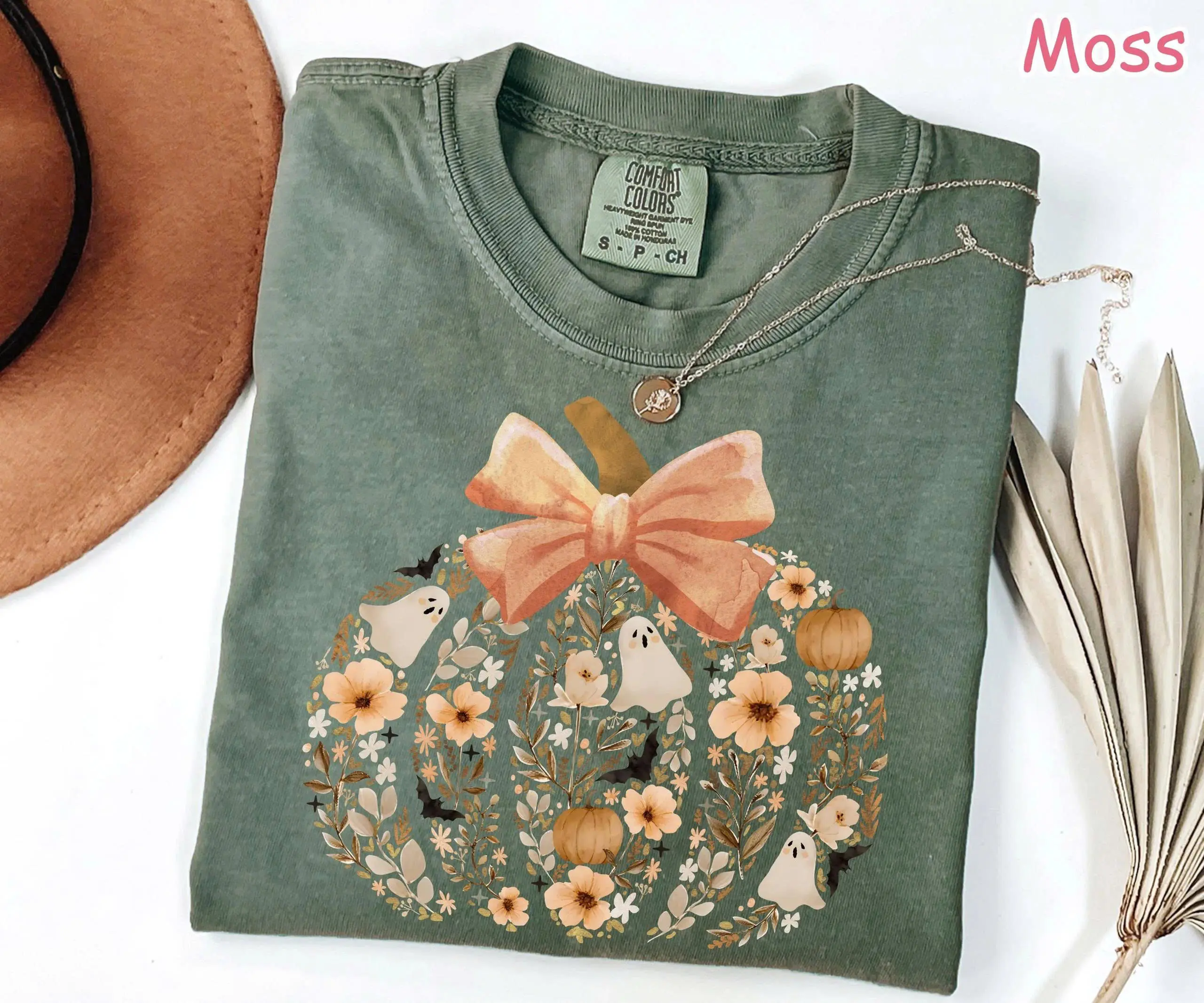Comfort Colors Vintage Floral Pumpkin Shirt, Floral Pumpkin Fall Shirt, Coquette Halloween Ghost Shirt, Girly Halloween Bow Tee Spooky Tee