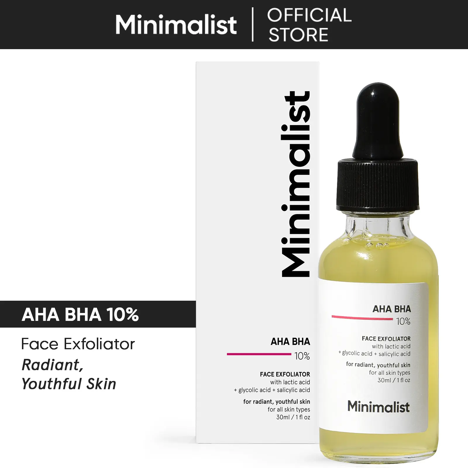 Minimalist 10% AHA BHA Face Daily Exfoliater for Beginners | Leave On Serum | Lactic Acid, Glycolic Acid & Salicylic Acid for Exfoliation | For Women & Men | 1 Fl Oz/30 ml