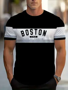 Men's Letter Striped Print Short-Sleeve Outdoor Casual Fashion Athletic Shirt Athletic Fashion Activewear Sportswear Top Sports T-Shirt for Everyday Wear
