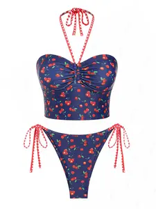 Seamoly Fruit Cherry Print Ruched Halter Tie Side Tankini Set size bathing suit suit swimwear swimsuit tiktokshopsummerturnup swim curve RushReady2025