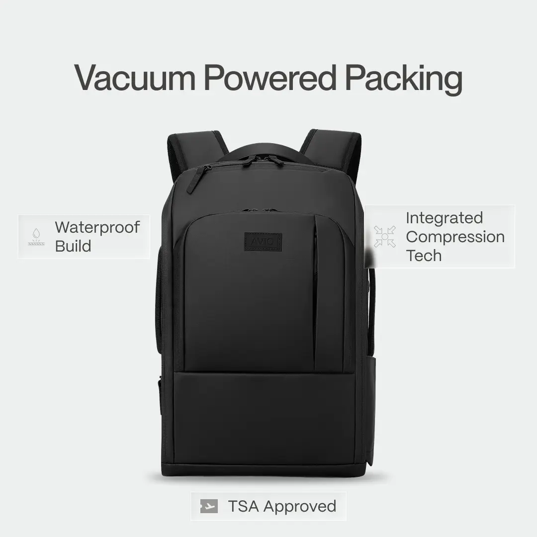 AVIO | Apex Vacuum Backpack, Expandable 19-25L Travel Backpack with Compression System, Carry On Size, Waterproof 900D, Laptop Backpack with Multiple Compartments
