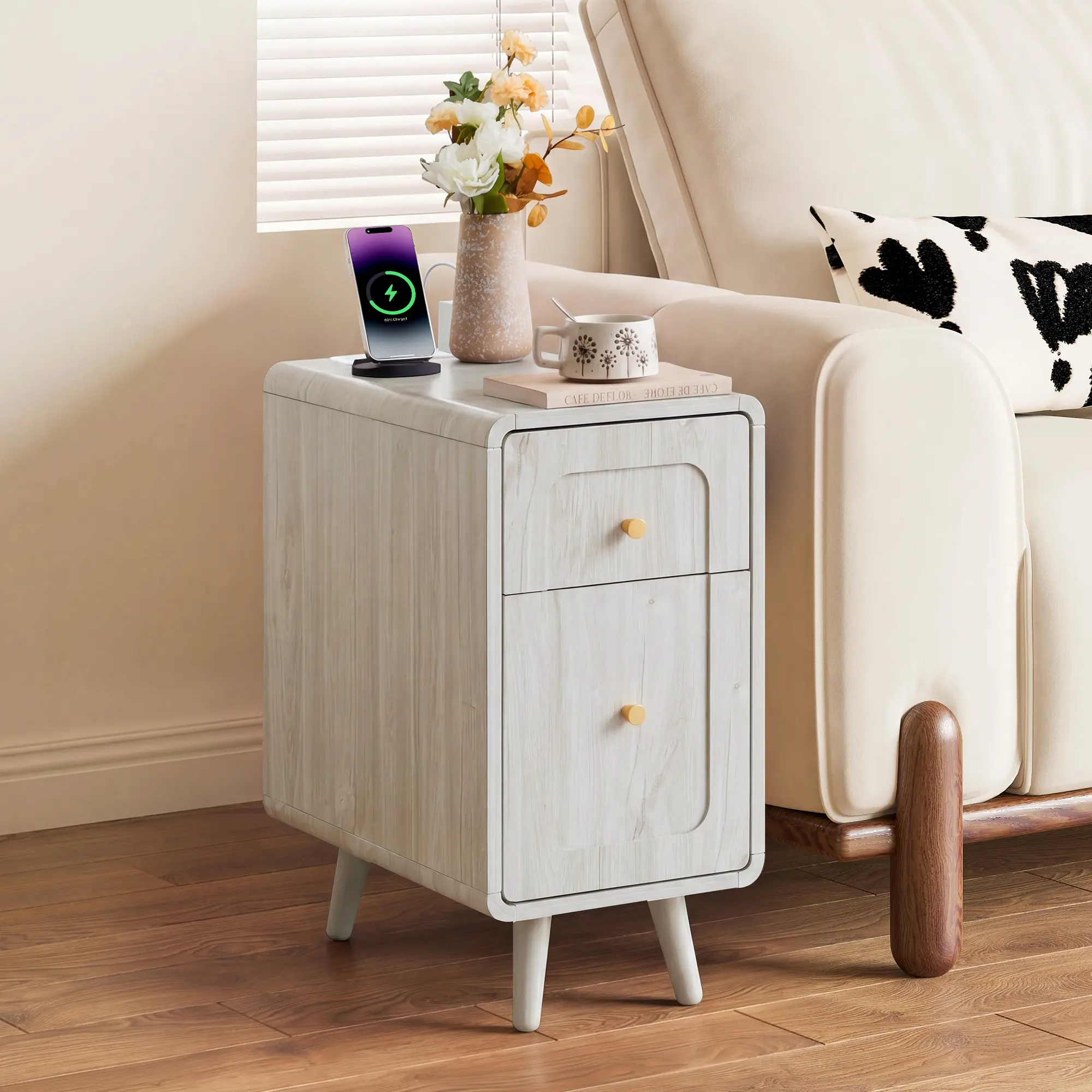 Giratree 23.6" Narrow Multifunctional Storage Bedside Table - Slim Wooden Mini Bedside Table with Charging Station, Hidden Storage Drawer & Cabinet for Bedroom, Small Spaces, Hidden Storage Drawers Bedside Tables, Mini Bedside Tables