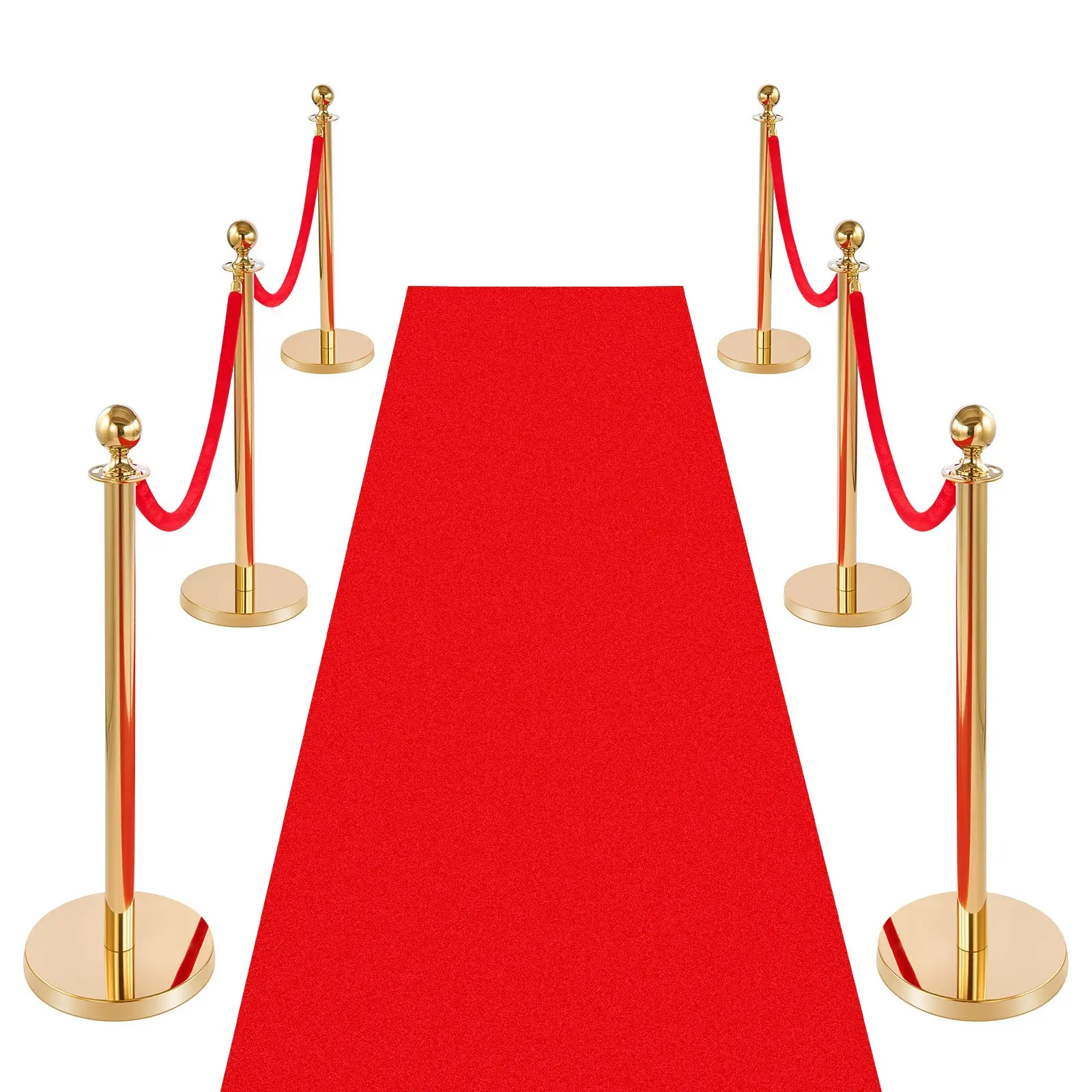 【DealsForYouDays】VEVOR 6-Piece Luxury Stable Stainless Steel Gold Stanchion Post Set, Crowd Control Barrier with Red Carpet, 4 Red Velvet Ropes & Hollow Base (7.72 lbs), for Wedding Ceremonies (Gold)