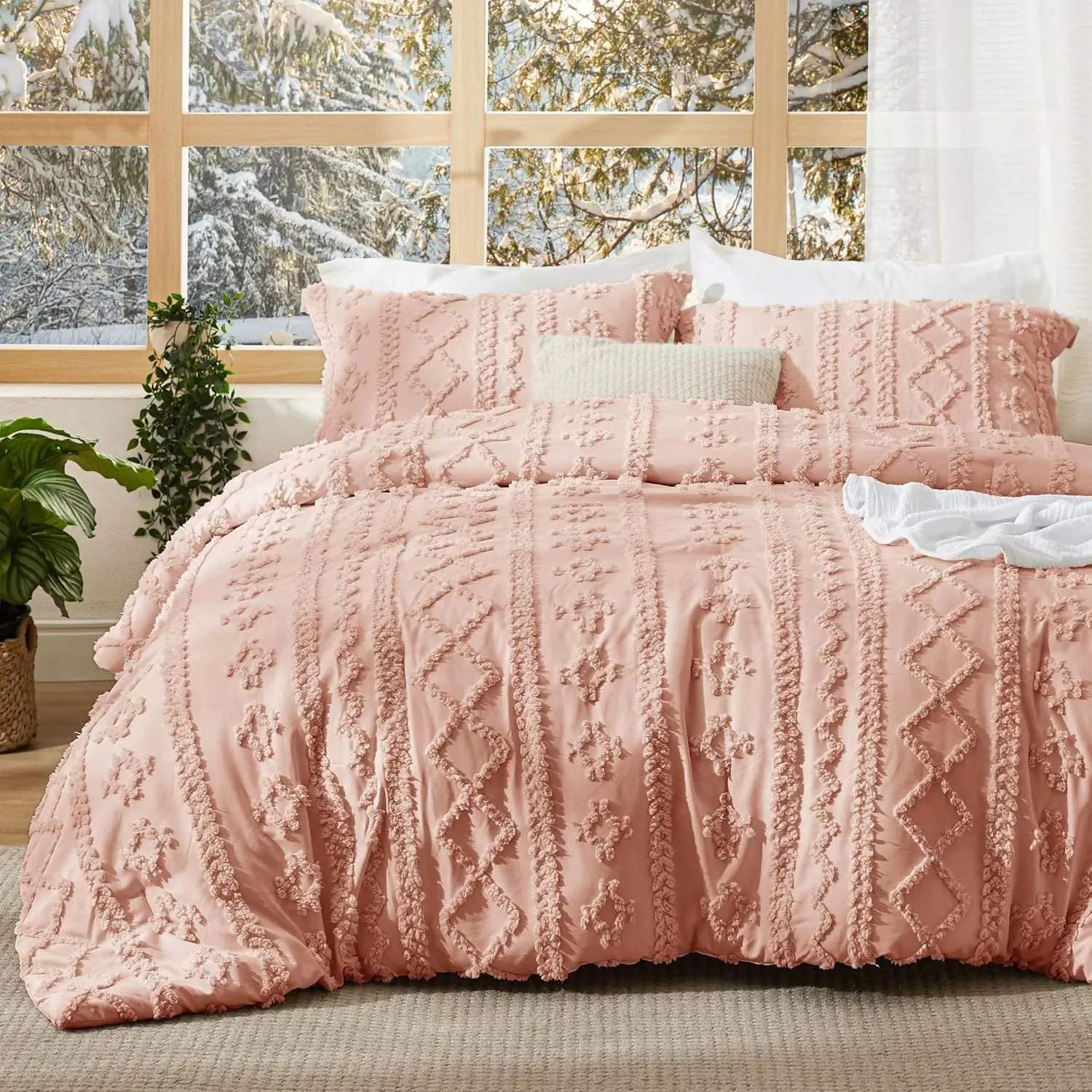 Tufted Boho Comforter King Size - Pink Boho Comforter, 3 Farmhouse Embroidery, Gifts for Woman, Jacquard Comforter for Seasons