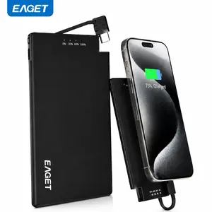 EAGET Ultra-thin Power Bank, 5000mAh Travel Essential Portable Charger With Built-In USB-C Cable, Fast Charging Battery Pack, For MacBook, IP 16/15 Series, Samsung, Switch, And More