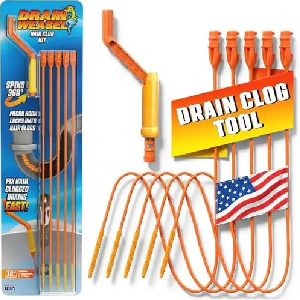 Flexisnake Drain Weasel Hair Clog Remover Kit – Plumbing Auger with Rotating Handle, 5 Disposable Wands for Shower, Bathtub Drains, Made in USA