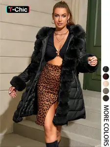 Women's Elegant Chic puffer Coat with Fleece Trim, Faux Fur & Belt, Mid-Length Fall Winter Hooded Fitted Woven Jacket, Warm Daily Wear Outerwear Tops, Womenswear