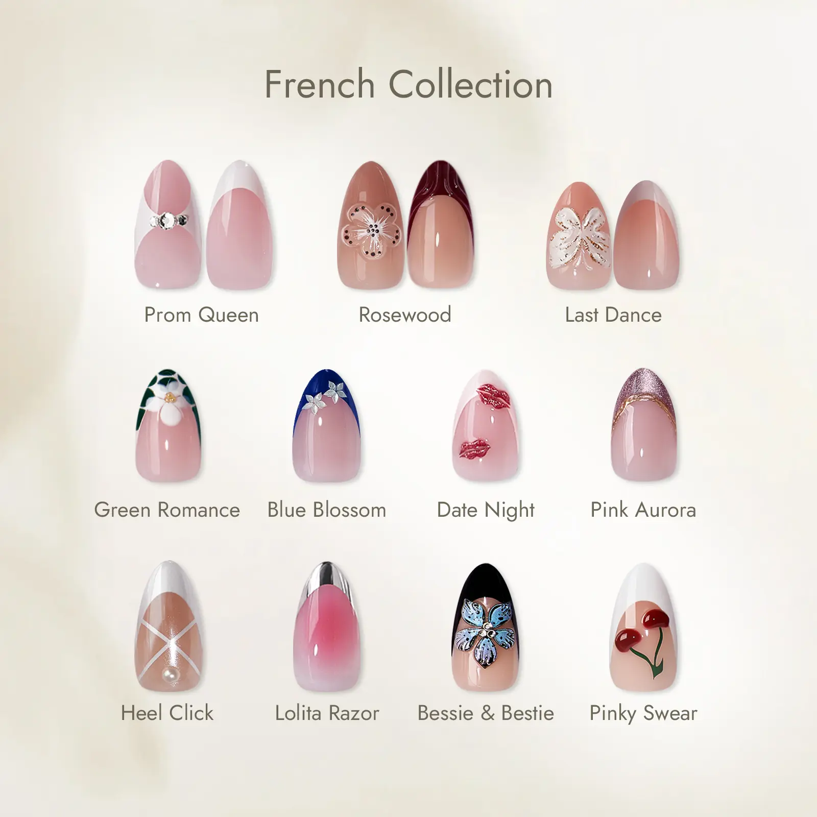 BTArtbox Press On Nails Short - French Collection, Almond Medium Press On Nails with Glue for Women Girls, 3D Design Opaque Soft Gel Glue On Nails in 16 Sizes - 32 Stick On Nails Kit, Salon Quality, Back To School Nails