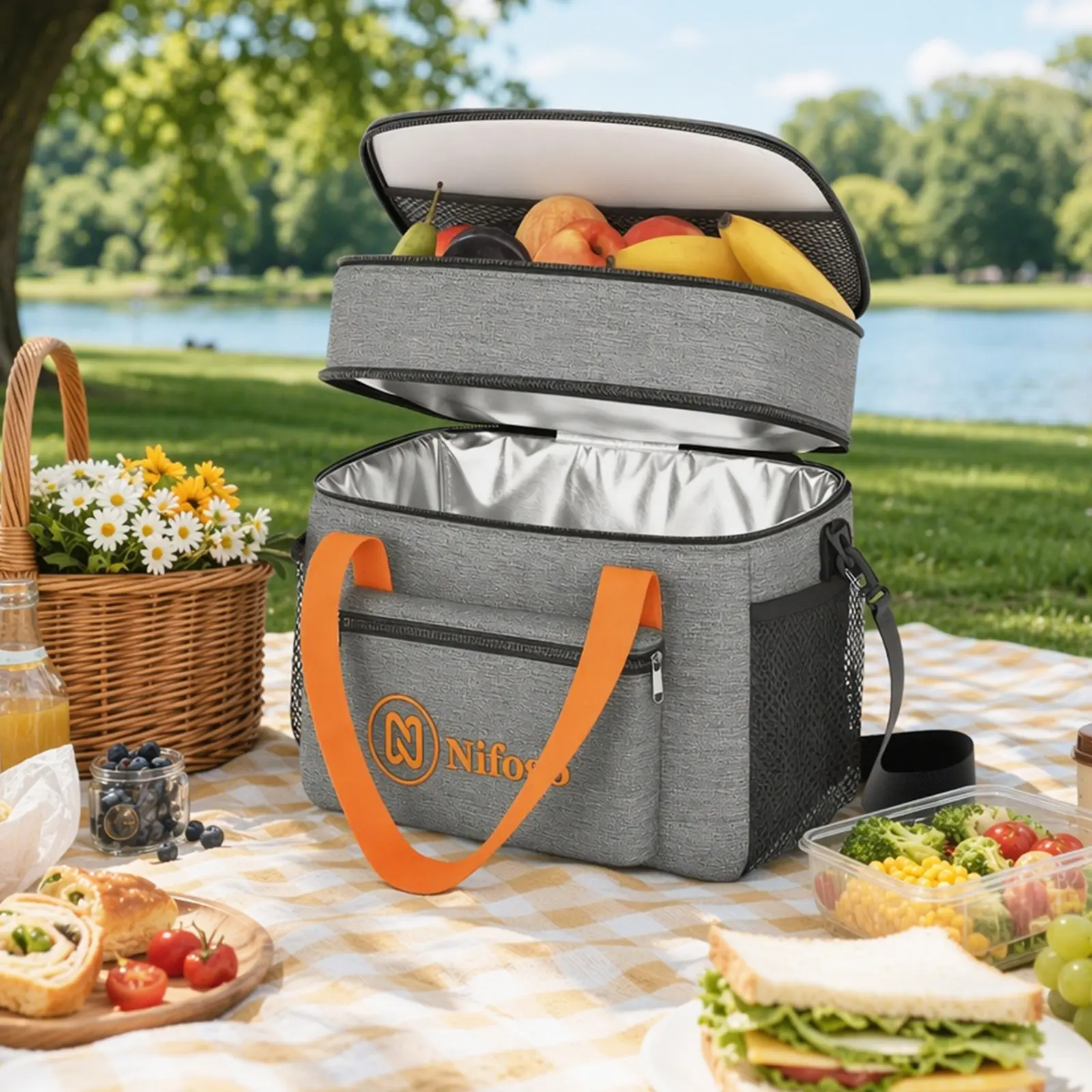 Nifogo 15L Thermal Lunch Tote Bag Waterproof Leakproof Insulated Cooler Bag Durable Lightweight Portable Food Storage Bag For Adult Work Travel Outdoor Activities Black Gray
