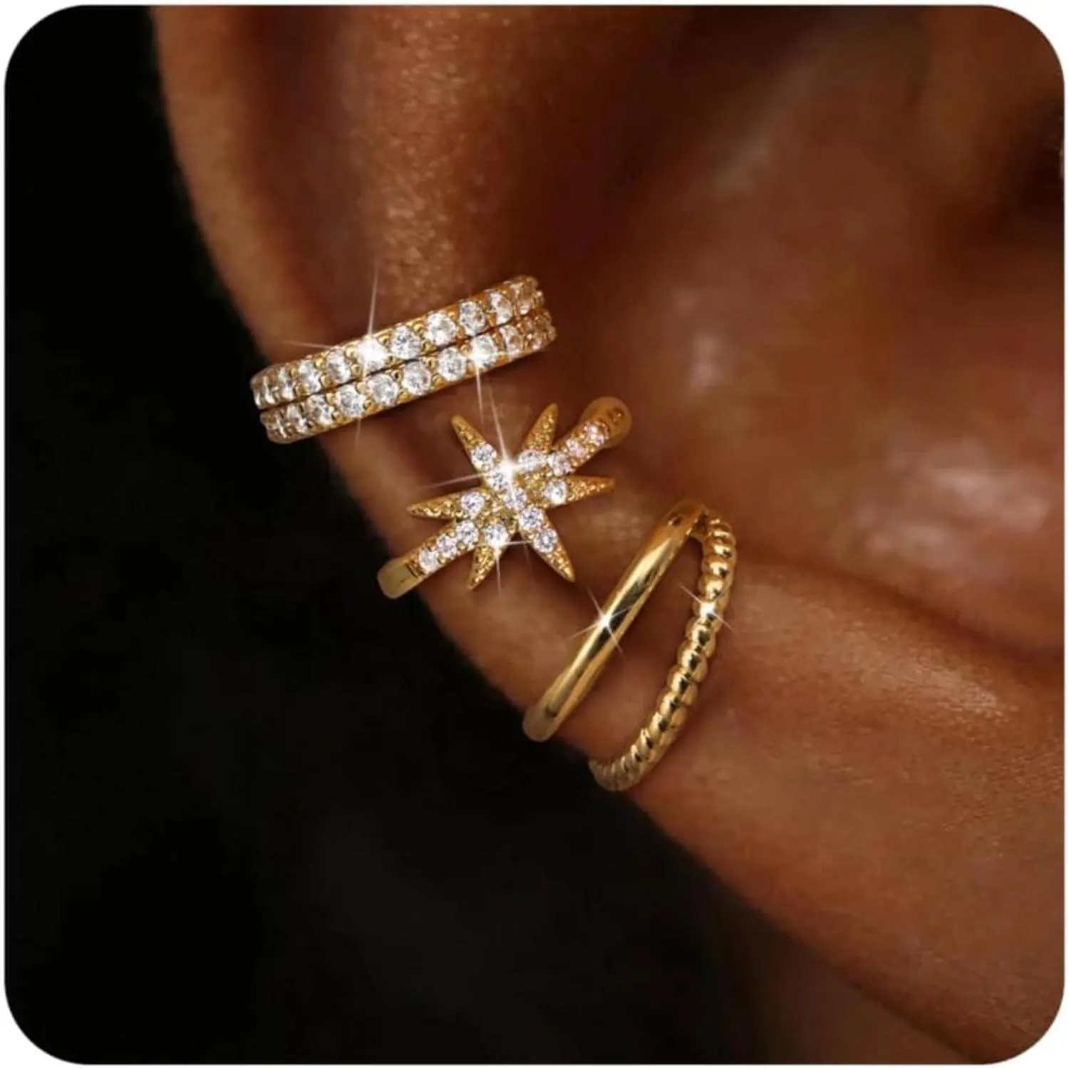 Milacolato 3-Piece Ear Cuff Set for Women, Hypoallergenic Gold & Silver Plated Clip On Earrings, Copper Fake Piercings for an Earring Stack, High Quality Earrings, Wedding Set Earrings