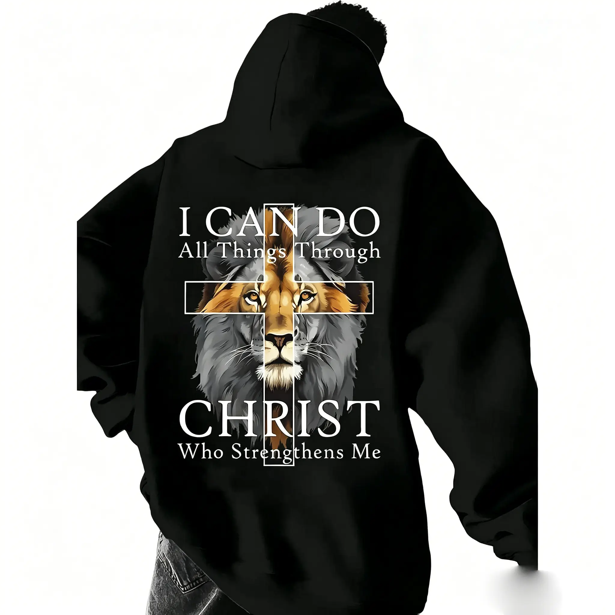 Men's Christian Graphic Hoodie with Lion & Biblical Verse Print, Casual Long Sleeve Faith Vibe Sweatshirt for Everyday Wear, Longsleeves, Tops, Graphic Hoodies, M, Pullover, Trend‑Ready Look