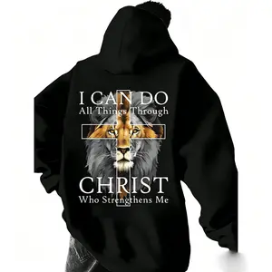 Men’s Biblical-Themed Lion Graphic Hoodie - TikTok Trending Faith Vibe, Laid-Back Casual Essential Tops, Hooded Graphic Hoodies