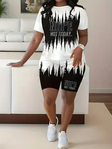 Colorblock Nope Letter Print Printed Spring Summer Casual Two-Piece Set, Geometric Pattern, Fitted Regular Length Top, Womenswear