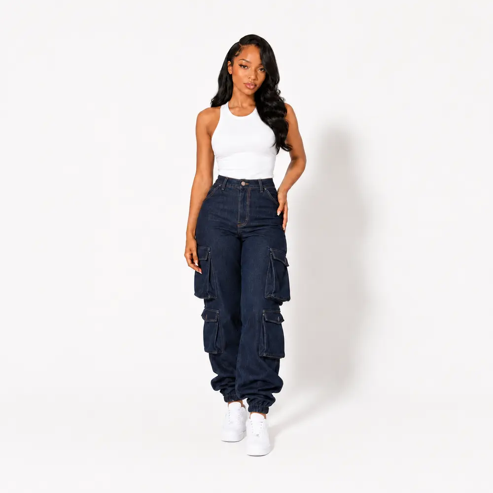 MOTIONKILLER Women's Casual High Waist Cargo Jeans - Fashion Denim Joggers with Patch Utility Pockets, All-Season Fabric, Machine Washable, Bottom, Cargo Pants