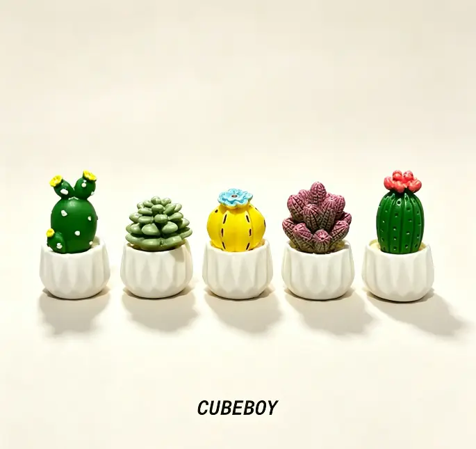 Vinyl Mini Potted Cactus Succulent Plant Figure - Classic Novelty Toy for Workstation Office Desk, Minimalist Decor, All-Year-Round Gift for Coworkers with Brown Pots