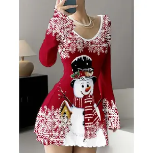 Festive Christmas V-Neck Long Sleeve A-Line Dress - Women’s Knit Polyester Fit and Flare with Asymmetrical Detail - Short Hem Floral Print Winter Holiday Dress