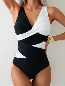 Women's Fashion One-Piece Swimsuit, Block, Crossed Chest Design, Twist Front Swimsuits, Plain Holiday Style, All Seasons Wear, Colorblock Swimsuit
