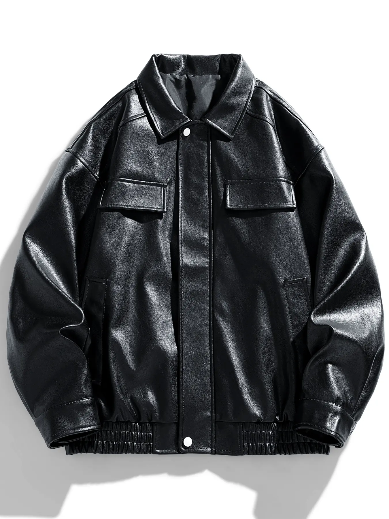 Men's Black Oversized Shiny Glossy Structured Faux Leather Jacket, Hailey Bieber Style Biker Aviator Pilot Bomber Barn Detroit Blazer Peacoat Streetwear Fashion Jacket Trend for Spring Winter Layering Outfit Custom Coat