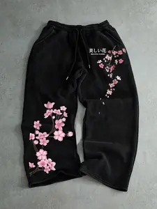 Vintage Black Cherry Blossom Print Oversized Sweatpants - Japanese Graphic Wide Leg Baggy Pants, Unisex Cozy Streetwear Loungewear, Casual Harajuku Y2K Aesthetic Daily Outfit Trousers