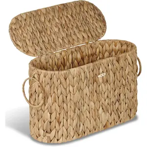 Toilet Paper Storage Basket, Water Hyacinth Slim Toilet Paper Holder with Lid- Holds Up to 9 Mega Rolls, Home Bathroom Decor Organizer