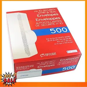 Top Flight PSTF10NWT #10 Envelopes, Strip & Seal, Security Tinted, White Paper, 24 lb, 500 Count