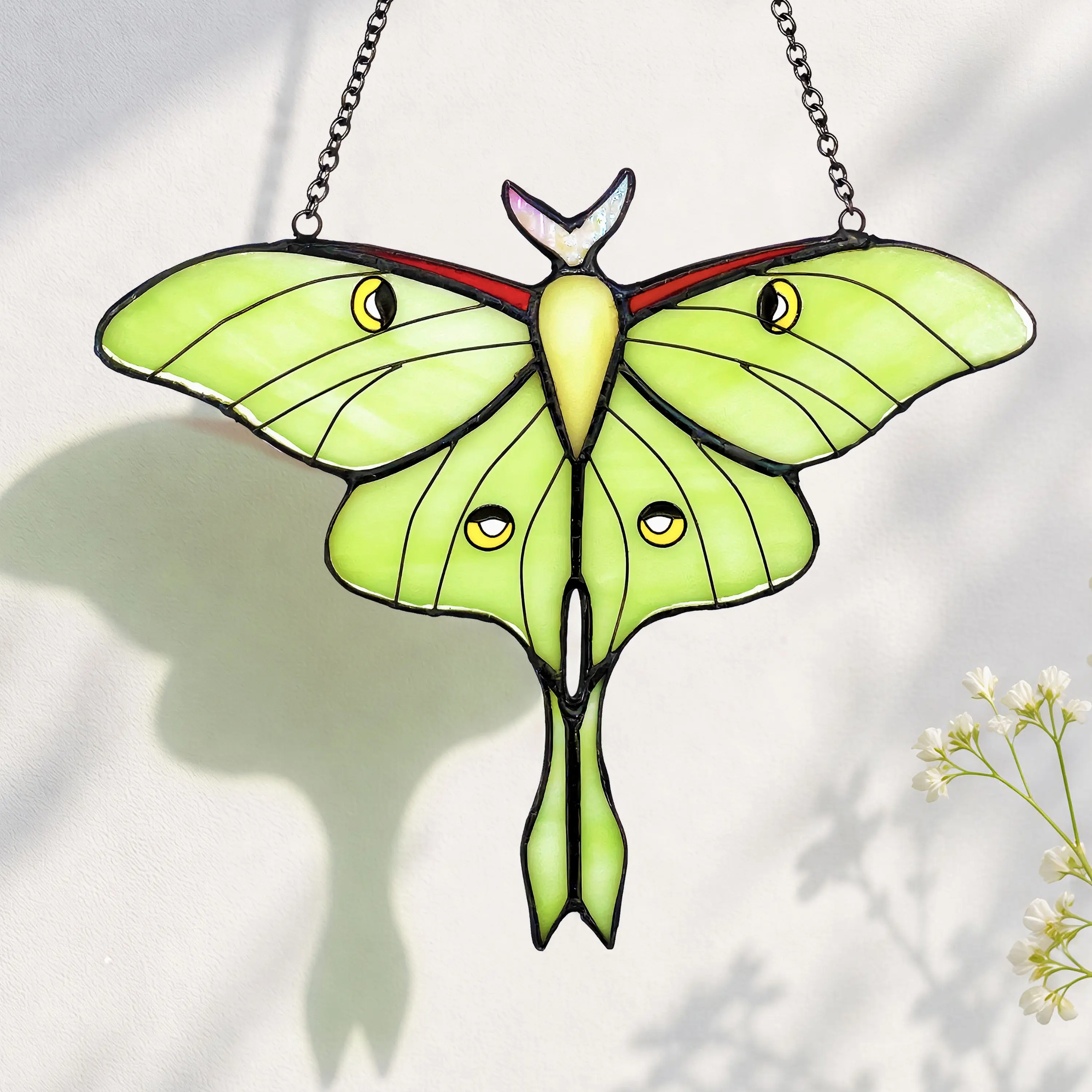 Luna Moth Suncatcher Stained Glass Window Hanging, Vibrant Color Sun Light Catcher, Handmade Aesthetic Green Butterfly Style Cottagecore Home Decor, Fairycore Goth Art, Luxury Holiday Gifts Box Inclueded for Mom Grandma Wife Women