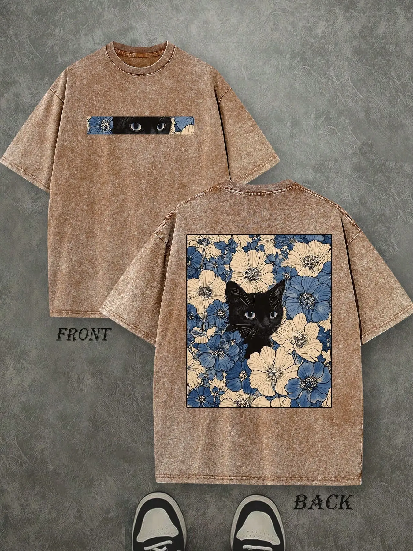 "Cat in the Flowers" Double-Sided Print T-Shirt | Retro Washed 230gsm Cotton, Men's Casual Comfortable Street Style Tee, Vintage Floral Feline Graphic Top Oversized Streetwear Menswear Soft Tshirt