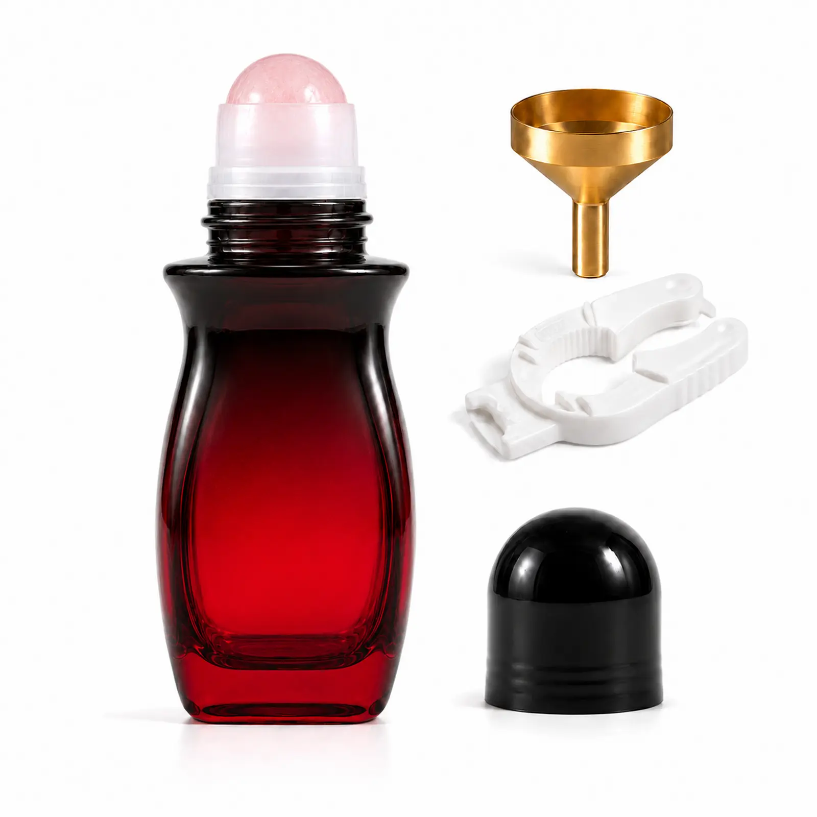 Rose Quartz Roller Bottle, 50ml Ruby Ombre Glass Roll On Bottle with Crystal Roller Ball, Refillable Roller Ball Applicator for Essential Oils, Perfume, Serums and Castor Oil, Gold Cap Funnel Opener