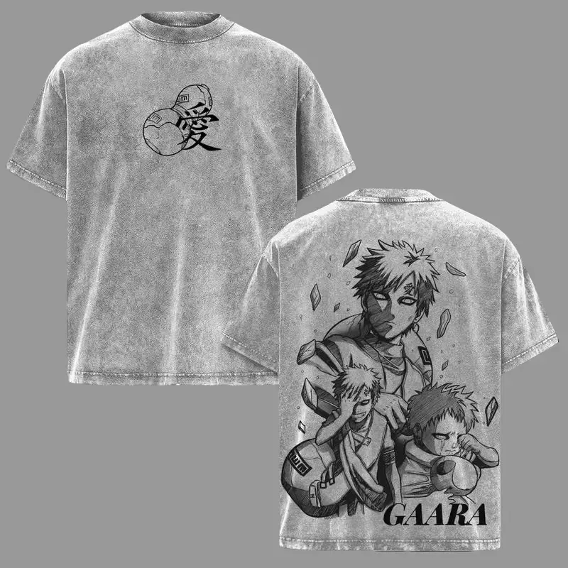 Men's Short-Sleeve Washed Gaara T-Shirt - Naruto Shippuden Anime Manga Graphic Tee, Unisex Oversized Streetwear, Desert Shield Sand Guardian Aesthetic Shirt, Gift for Anime Fans Casual Crewneck Tshirt Menswear Tops