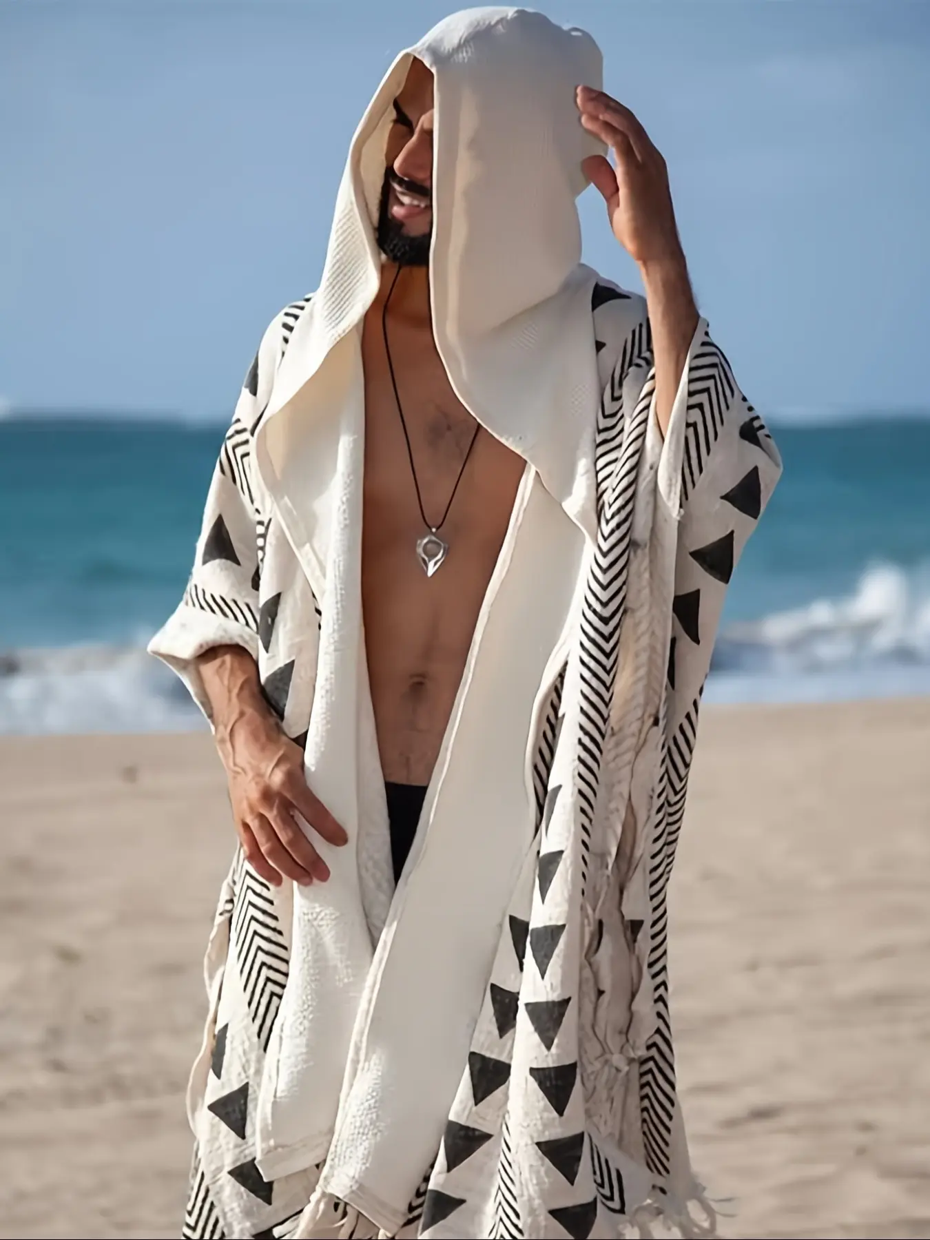Men's Hooded Beach Kaftan – Bohemian Tribal Print, Lightweight Summer Cover-Up for Vacation & Festival, Beach Outdoor Wear, Beach Cover Ups, Beach Coverups