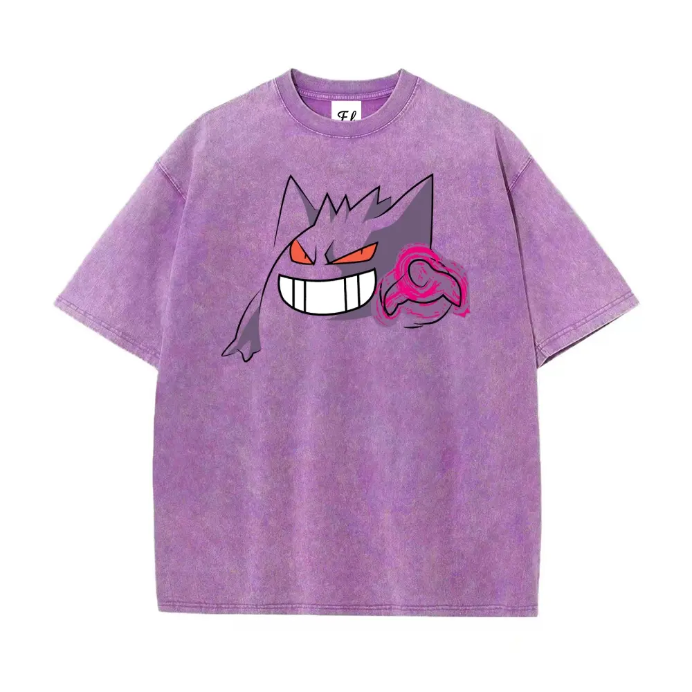 Men's Unisex Retro Gengar Pocket Monsters Washed Cotton Fabric Short-Sleeve Round Neck T-Shirt - Oversized Loose Stretch Fit, Vintage Shadow Claw Graphic, Harajuku Streetwear, Edgy Hip Hop Style