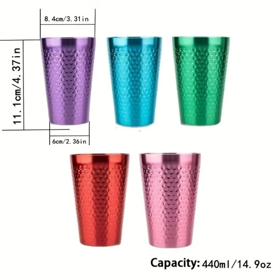 5 Premium Hammered Texture Metal Cups - Unbreakable, Lightweight, Reusable Outdoor Drinkware (440ml/14.9oz) - Ideal for Camping, BBQs