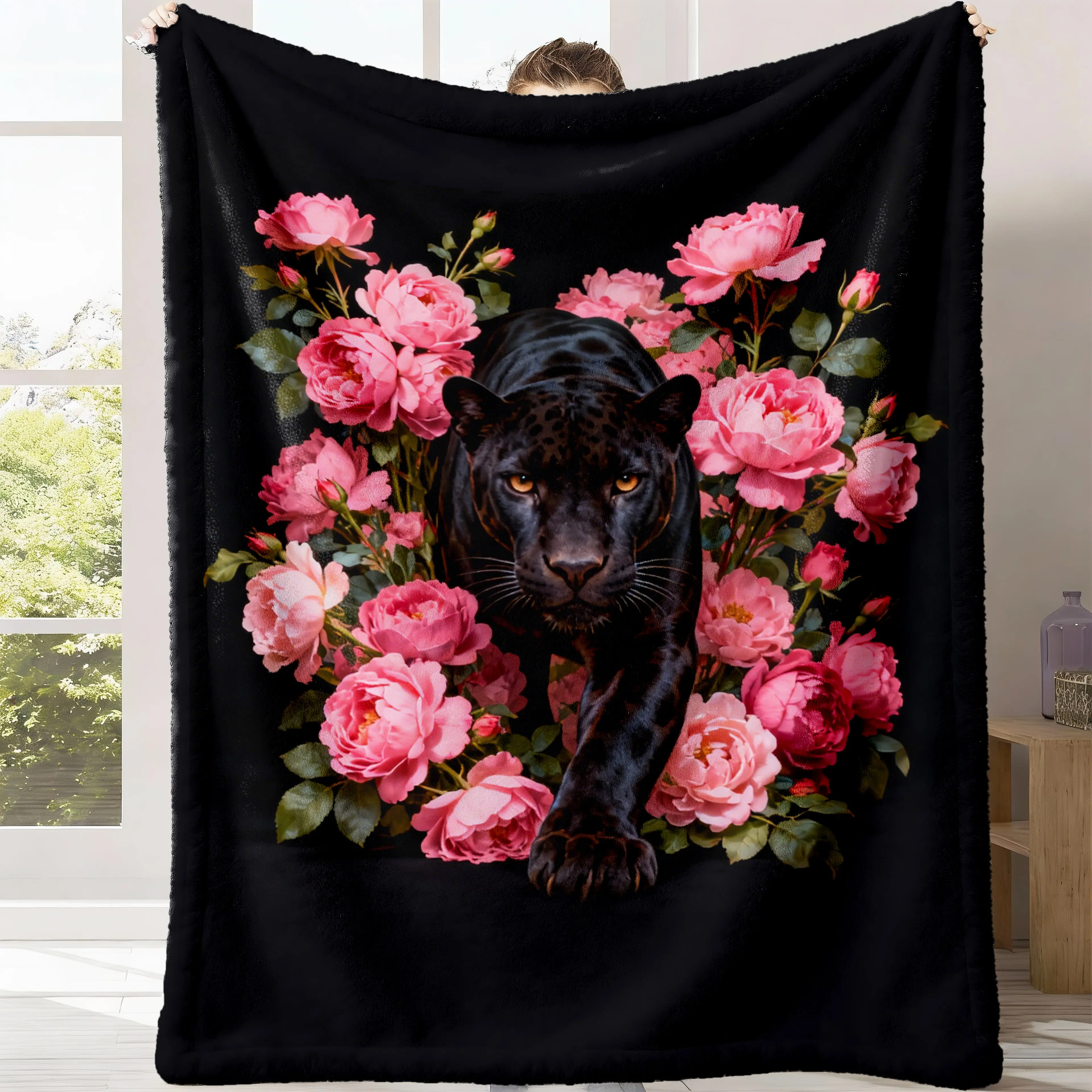 Black Panther Pink Peony Flannel Fleece ThrowBlanket Ultra Soft HD Print Floral Animal Design NonShedding Warm Cozy Lightweight Sofa Couch BedroomHome Decor Unique Gift, Cozy Throw Blanket, Flannel Cozy Blanket