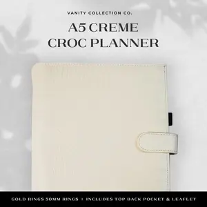 Vanity Collection Co. A5 Creme Croc Planner with Gold Rings Off-White Ivory Agenda 30MM Rings Top Back Pocket Leaflet