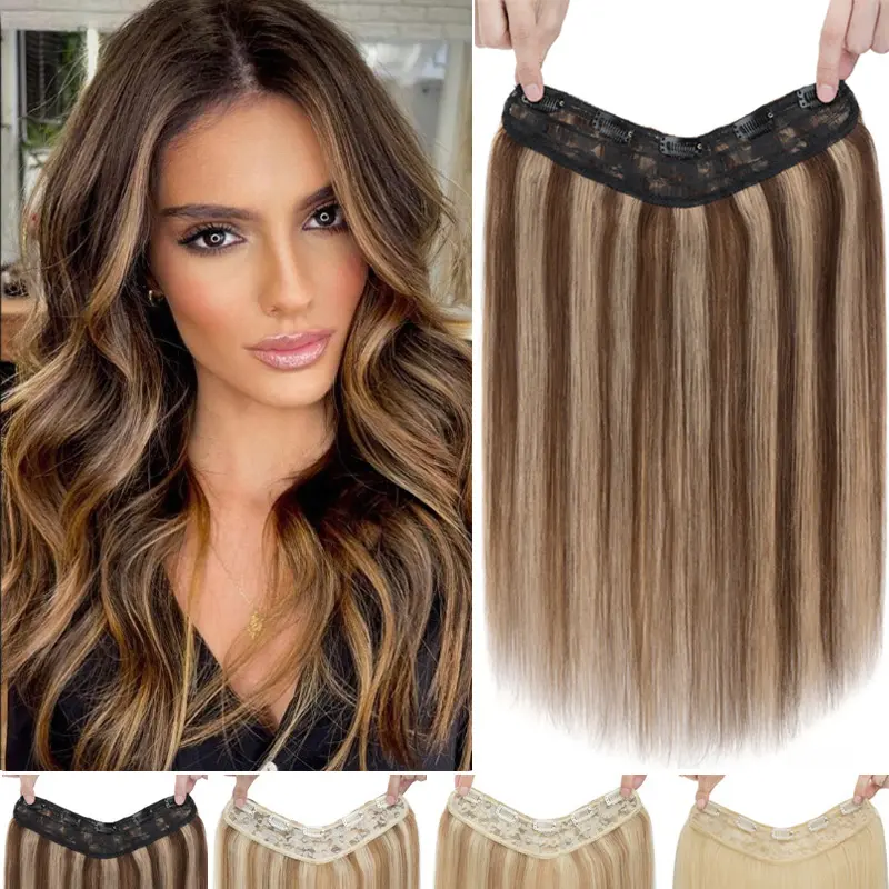 One Pieces Clip in Hair Extensions Human Hair Upgraded V-Shaped 5 Clips on Hair Extensions Human Hair Long Hair Extensions Hairpiece Weft For Women,12-22 Inch,