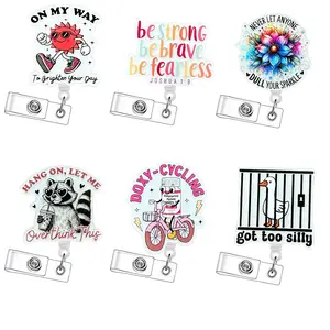 Retractable Badge Reel, 6 Counts/set Cute Cartoon Pattern Acrylic ID Holder with Clip, Durable and Lightweight Design Badge Holder for Nurses, Doctors, Students and Office Staff, Badge Reels Retractable