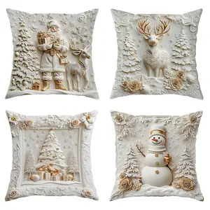 Christmas Pillow Covers Set of 4, Snowman Santa Reindeer Design, Soft Polyester Material, Multiple Sizes Available