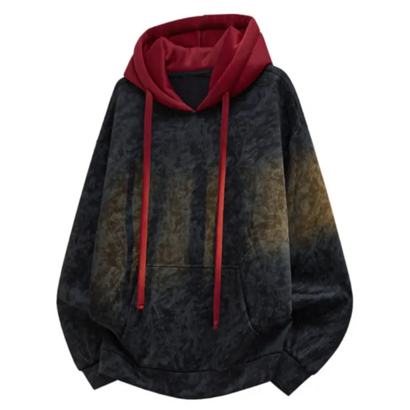 Men's Fitted Soft Contrast-Lined Gradient Dye Patchwork Hoodie Sweatshirt Tops - Long Drawstring, Front Kangaroo Pocket, Ribbed Cuffs & Hem, Casual Vintage Streetwear Pullover for Thanksgiving, Easter, Outdoors, Couples, Hoodie/Jumper, Retro, Drawstring H