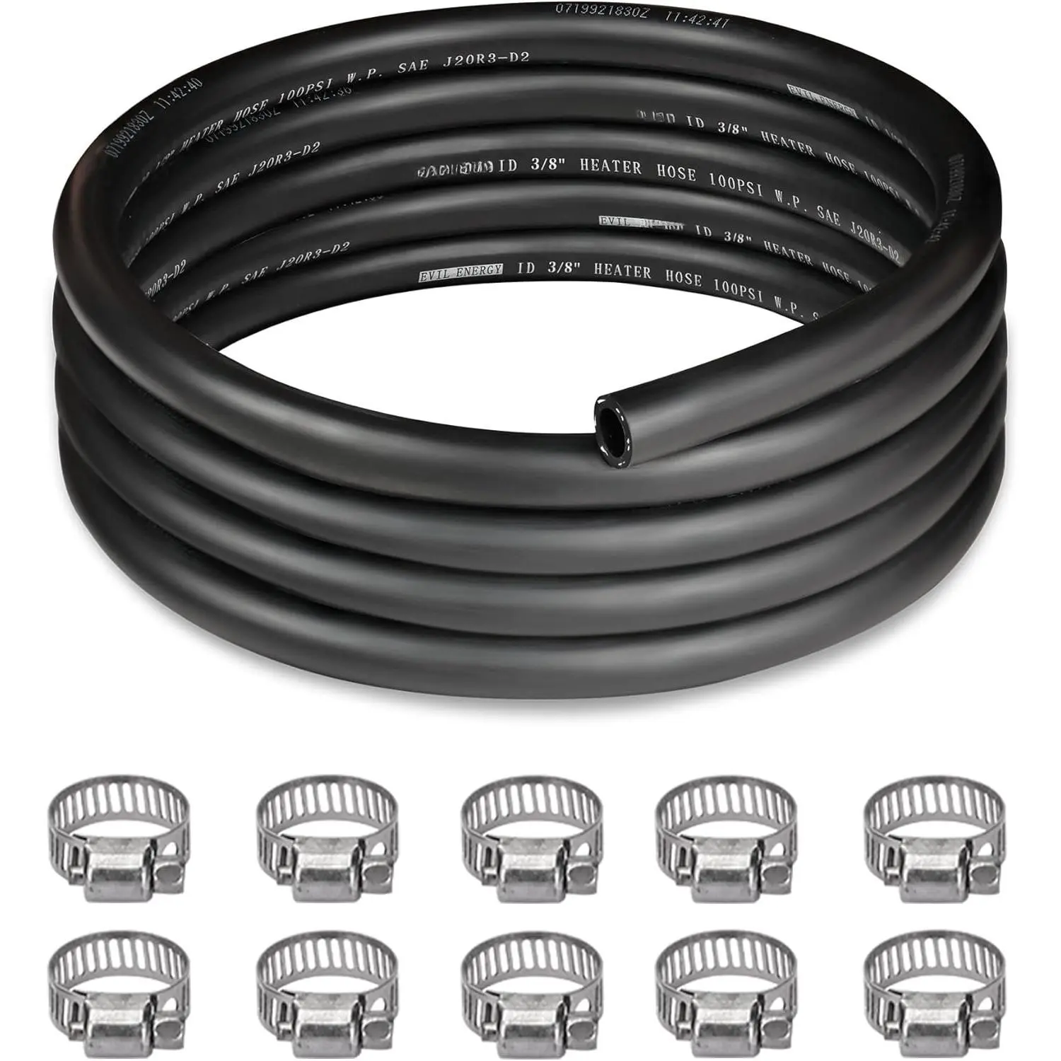 3/8" Heater Hose 10FT Coolant Radiator Hose With 10 count Clamps Straight 100PSI SAE 20R3 Black