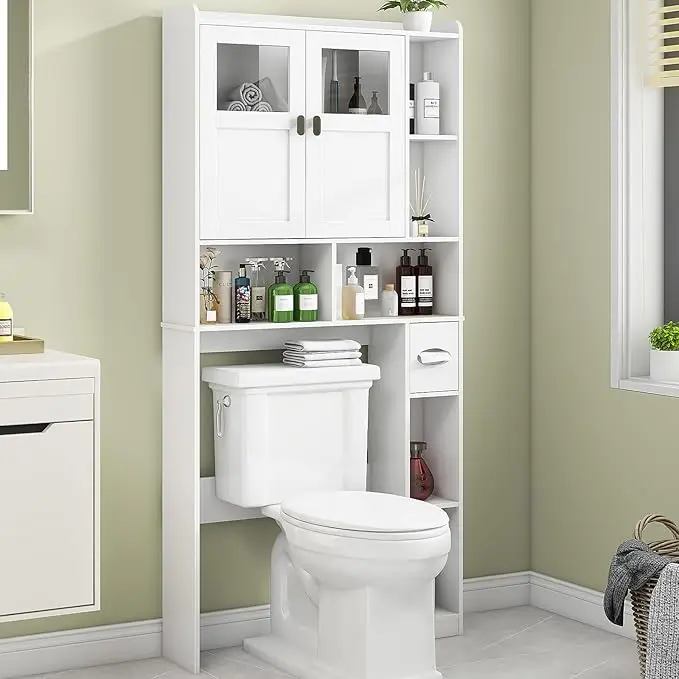 Vabches Over The Toilet Storage Cabinet, Bathroom Shelf Over Toilet with Glass Doors and Adjustable Shelves, Grey Freestanding Home Space Save Toilet