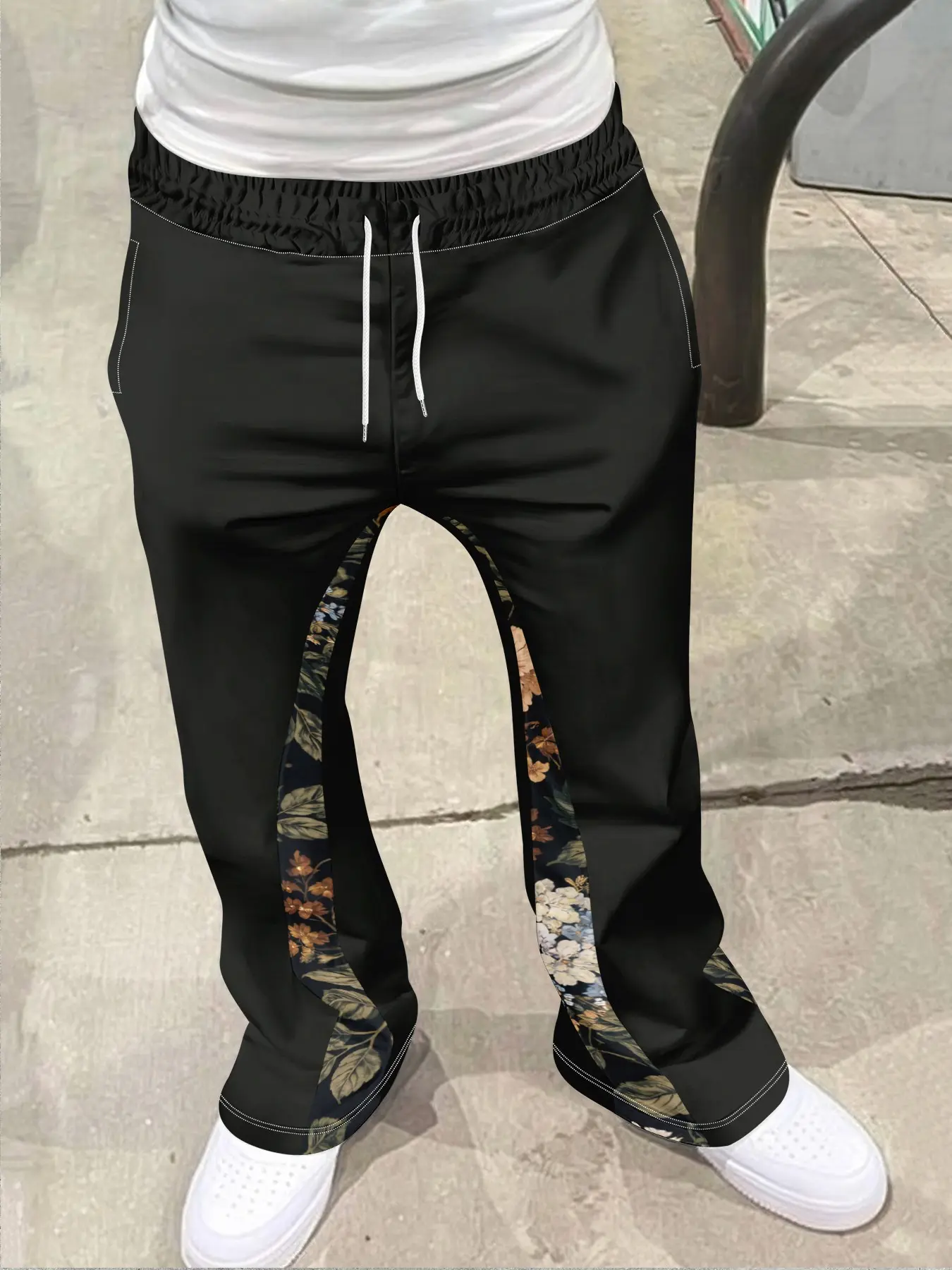 Men's Floral Patchwork Long Pants Bell Bottoms, Casual Loose-Fitting Winter Fashion, Comfortable and Stylish Men's Clothing, Casual Chic Bottoms, Casual Trousers, Casual Comfy Trouser